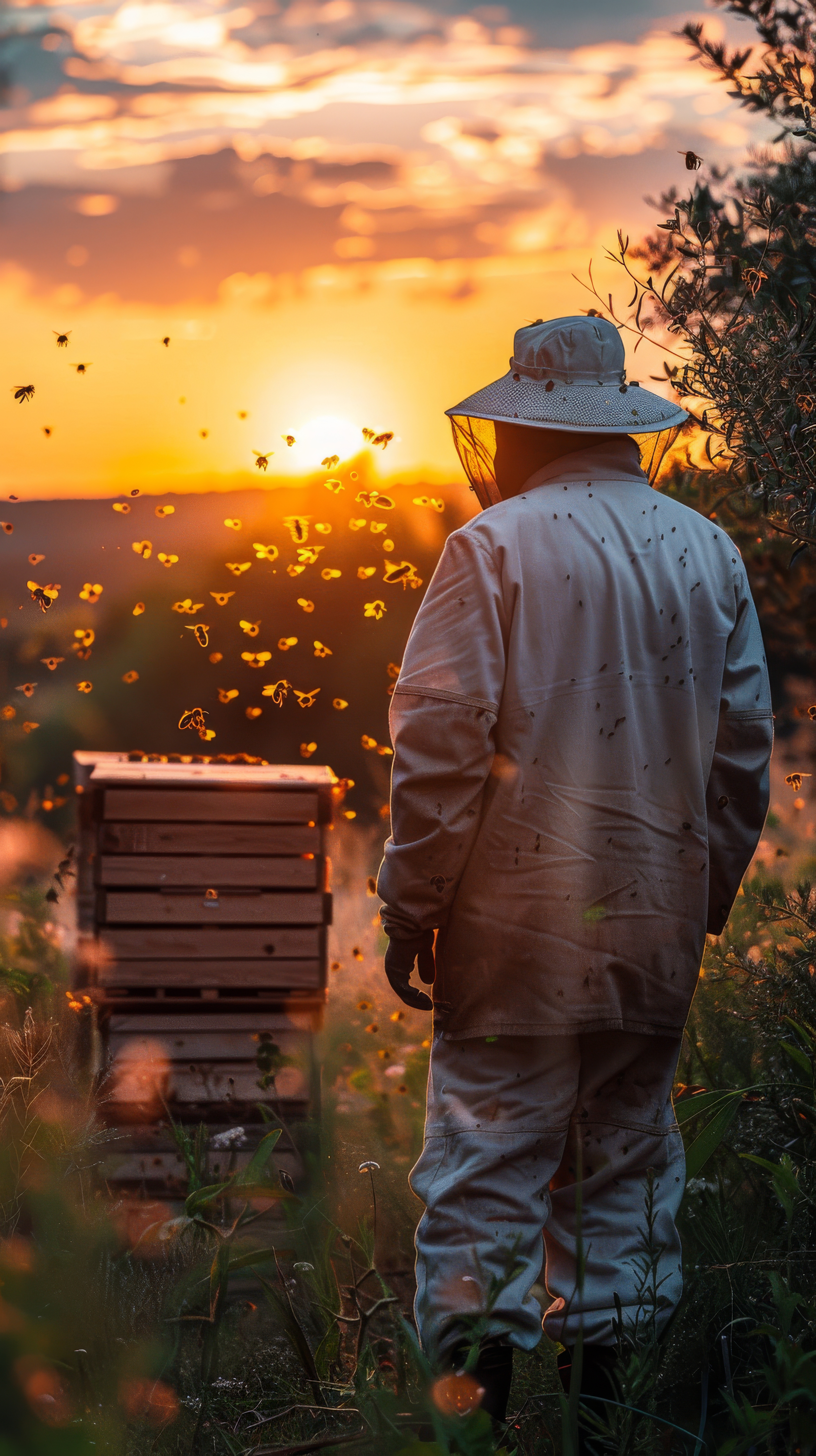 Apicultor cuidando das colmeias com dedicação