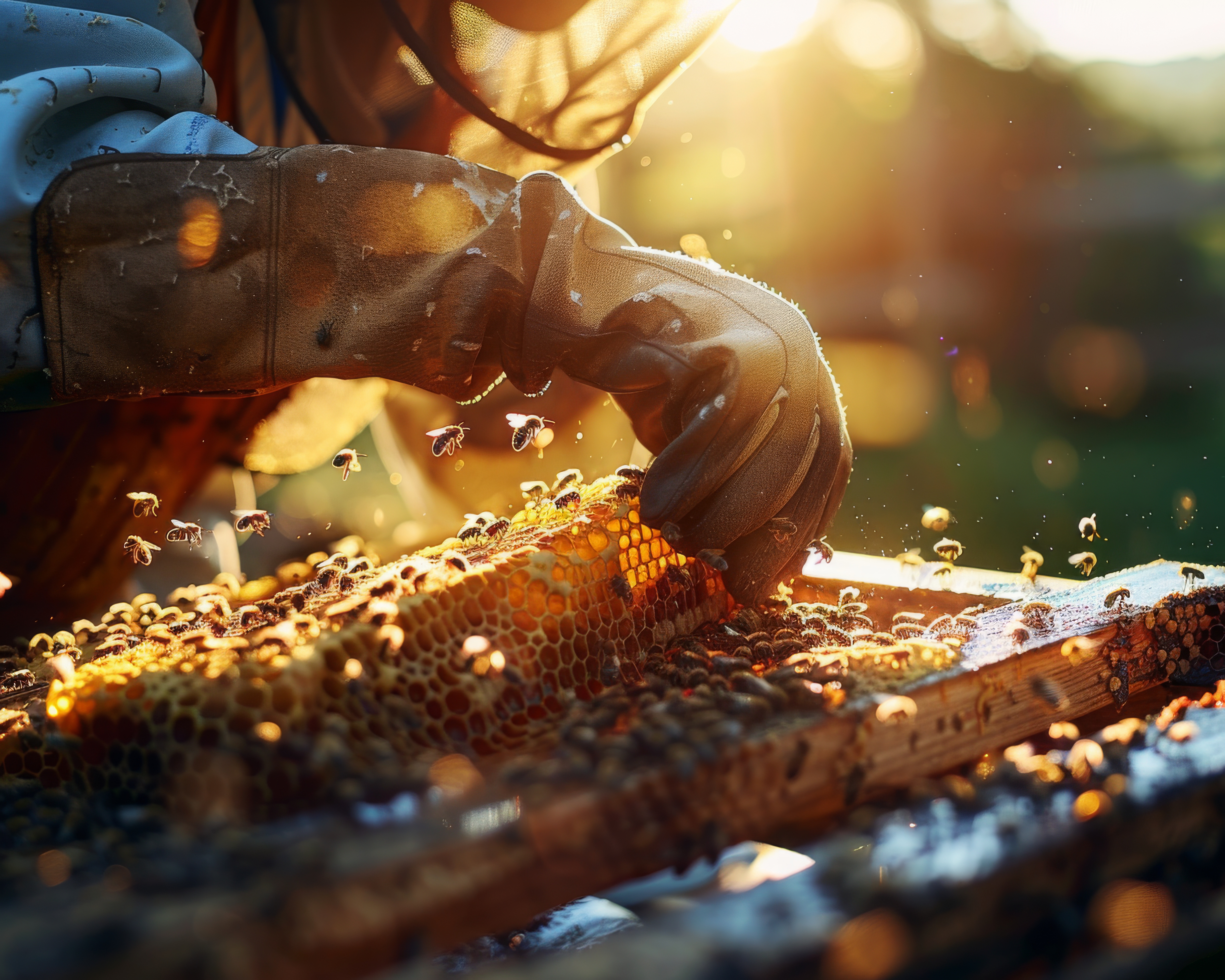 Apicultor cuidando das colmeias ao entardecer